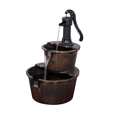 Alpine Corporation - Outdoor Rustic 2-Tiered Barrel and Pump Water Fountain