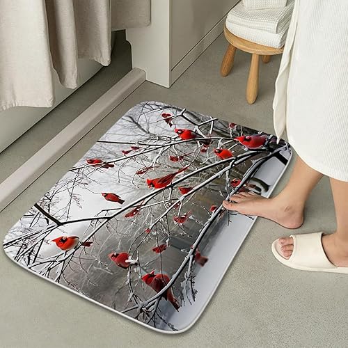 Miniatura 4 de Divertidos tapetes de baño de terciopelo coral con diseño de pájaros cardenales en rama, tapete de ducha antideslizante para decoración de baño,