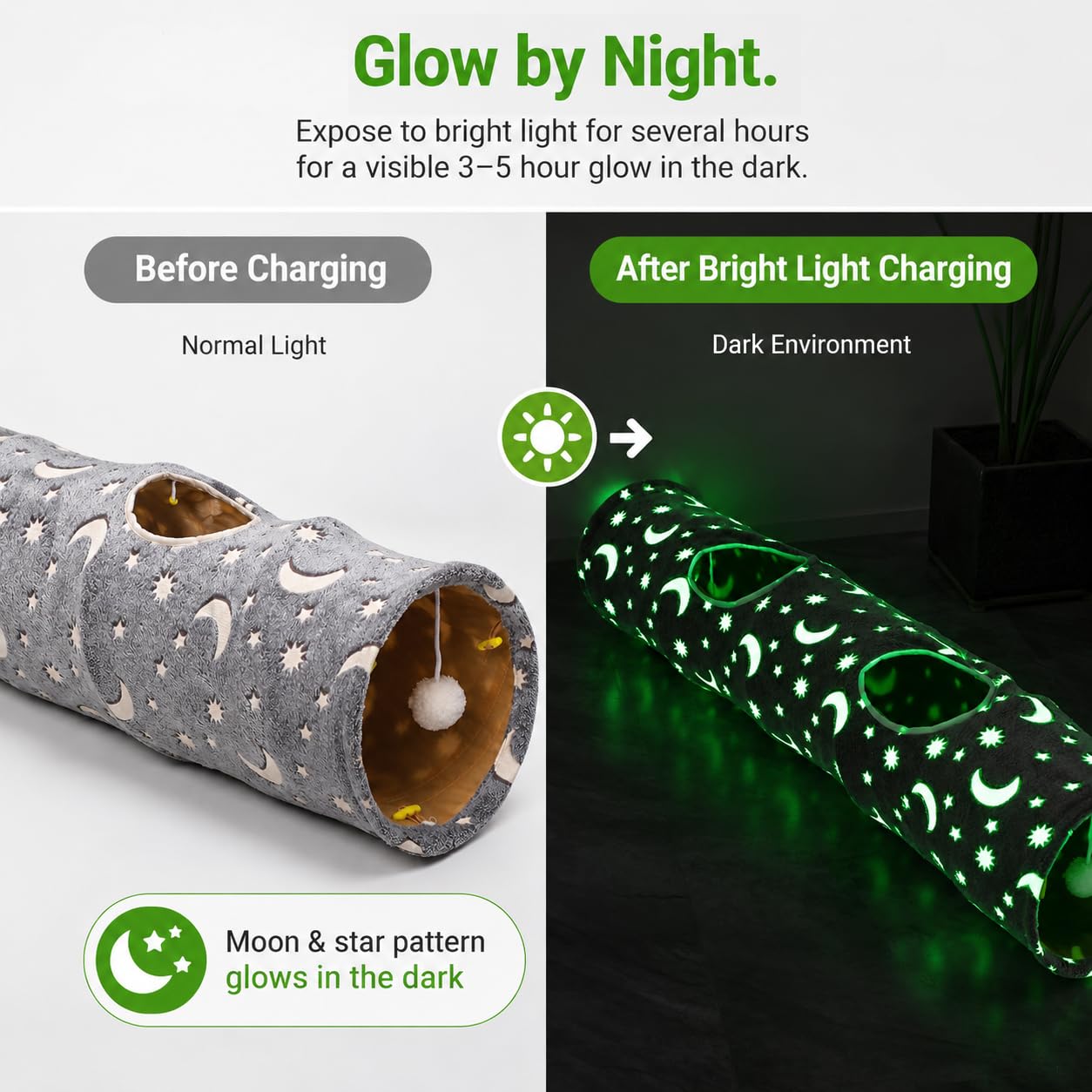 Tubo de túnel de gato con bola de peluche, plegable, fotoluminiscencia luminosa, para mascotas pequeñas, conejos, gatitos, hurones, cachorros y perros, estrella de luna gris