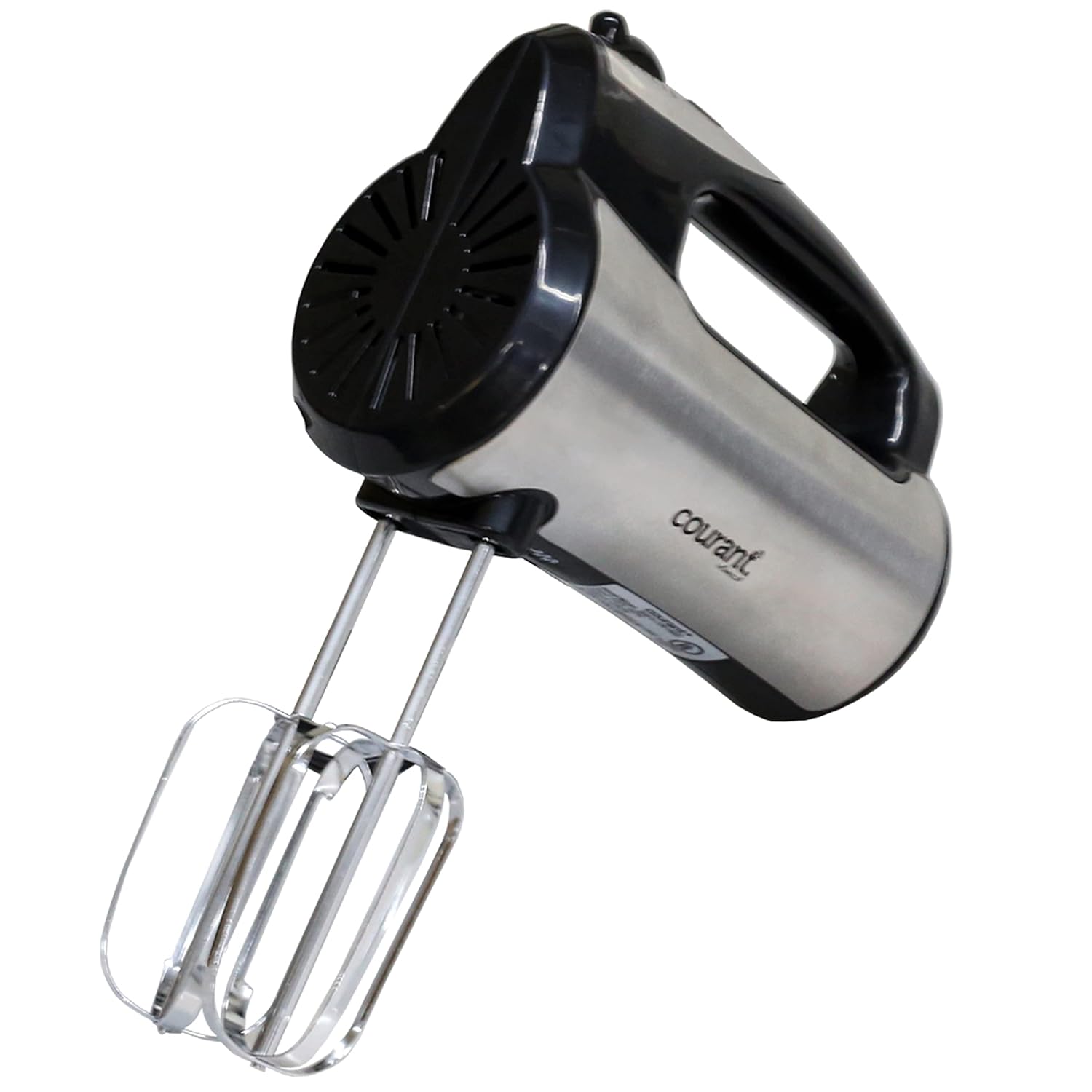 Courant 5-Speed Hand Mixer Stainless Steel w Turbo Function Neat Storage Stand Includes Set of Beaters Dough Hooks