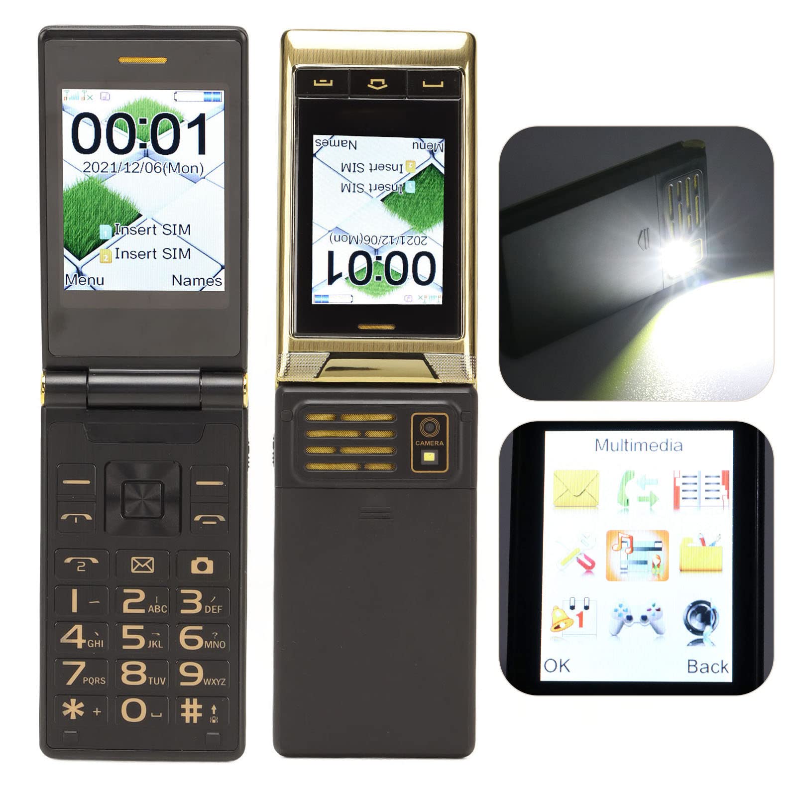 Teléfono con Tapa Desbloqueado, 3 Pulgadas, Botones Grandes, Fuentes Grandes, Teléfono Móvil con Tapa para Personas Mayores, Tarjeta SIM Dual, Altavoz de Volumen Alto, con Linterna LED Y(Oro)