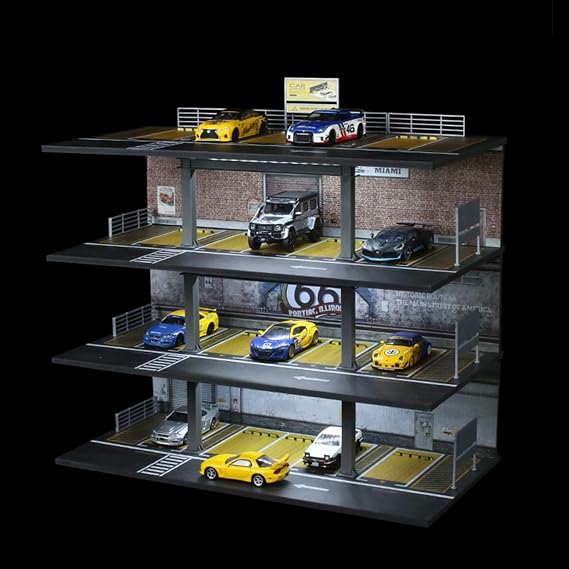 Hot Diecast Wheel Display Case with LED Lights 1/64 Scale Diecast Model Car Organizer with Hot Diecast Wheels and 20 Parking Lot Dioramas Mix