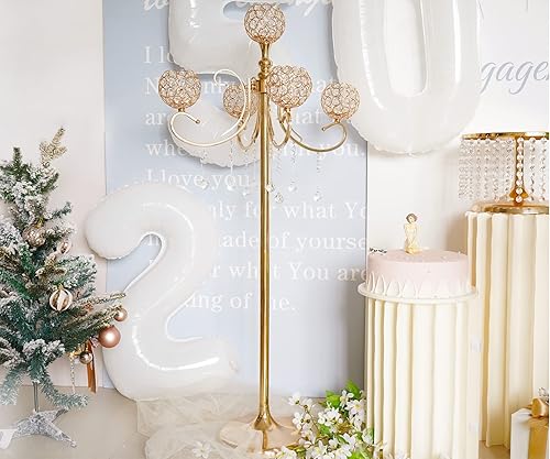 Miniatura 7 de LANLONG Centro de mesa de candelabro dorado de 5 brazos, 45.3 pulgadas, portavelas de diseño clásico elegante con gotas de cristal, centro de mesa