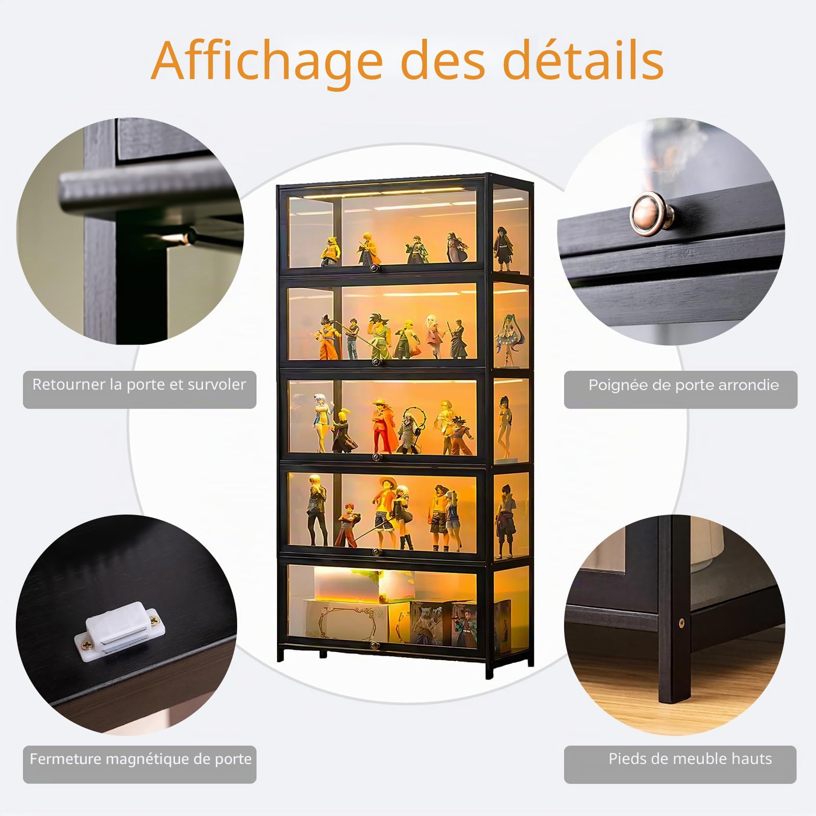 Vitrine avec Porte en Verre Acrylique, vitrine Curio à 8 Niveaux, pour Objets de Collection, bibliothèque pour Chambre à Coucher, Coin Lecture, Chambre de Tout-Petit.
