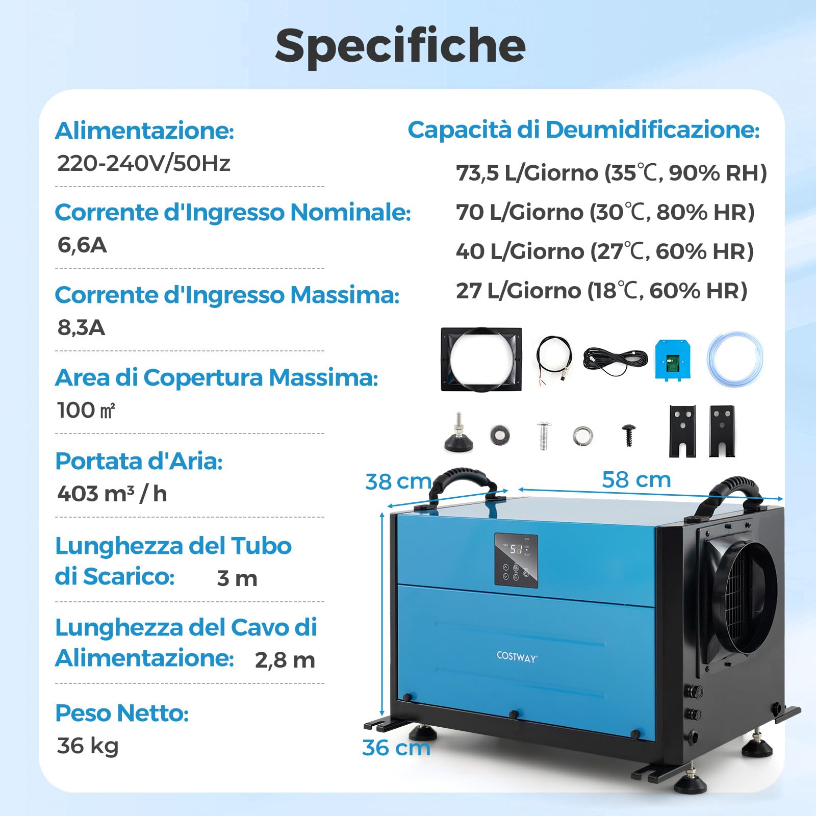 COSTWAY 58,5/73,5 L Deumidificatore Commerciale, Deumidificatore Industriale con 3 Modalità e Timer 24H, Sbrinamento Automatico per Cantina Magazzino (73,5 L/giorno Blu)