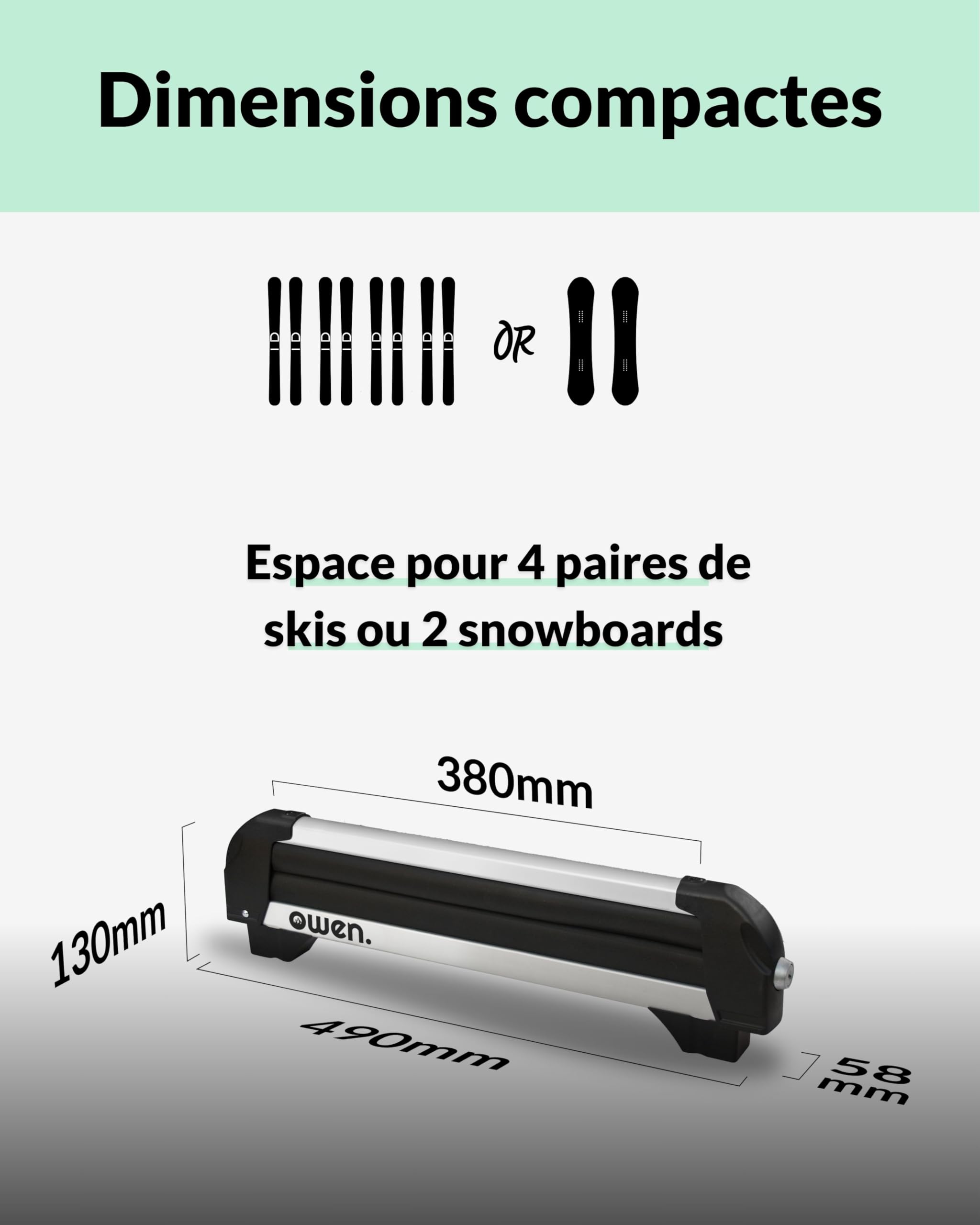 Owen Porte-skis Basic Argent | Aluminium | Pour 4 skies ou 2 snowboards | Capacité de charge 28 kg | DIN 75302:2019 & City-Crash certifié | Dimensions : 490 x 425 x 130 mm