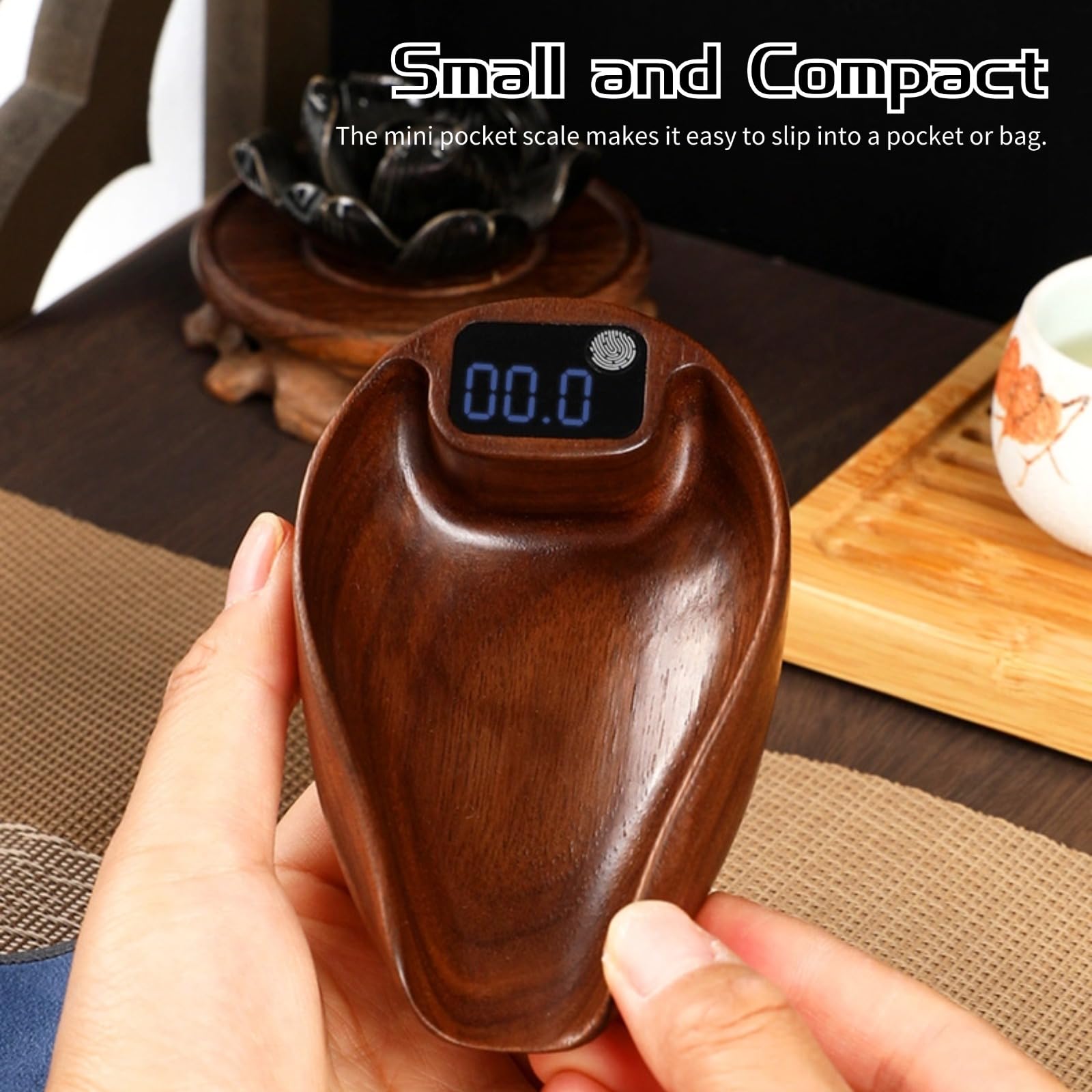 Mini-Kaffeewaage mit Timer, 200 G/0,1 G Genaue Teewaage aus Holz, Hochpräzise Wiederaufladbare Küchenwaage, Elektronische Teewaage, Digitale Gewichts-Gramm-Waage für Zuhause