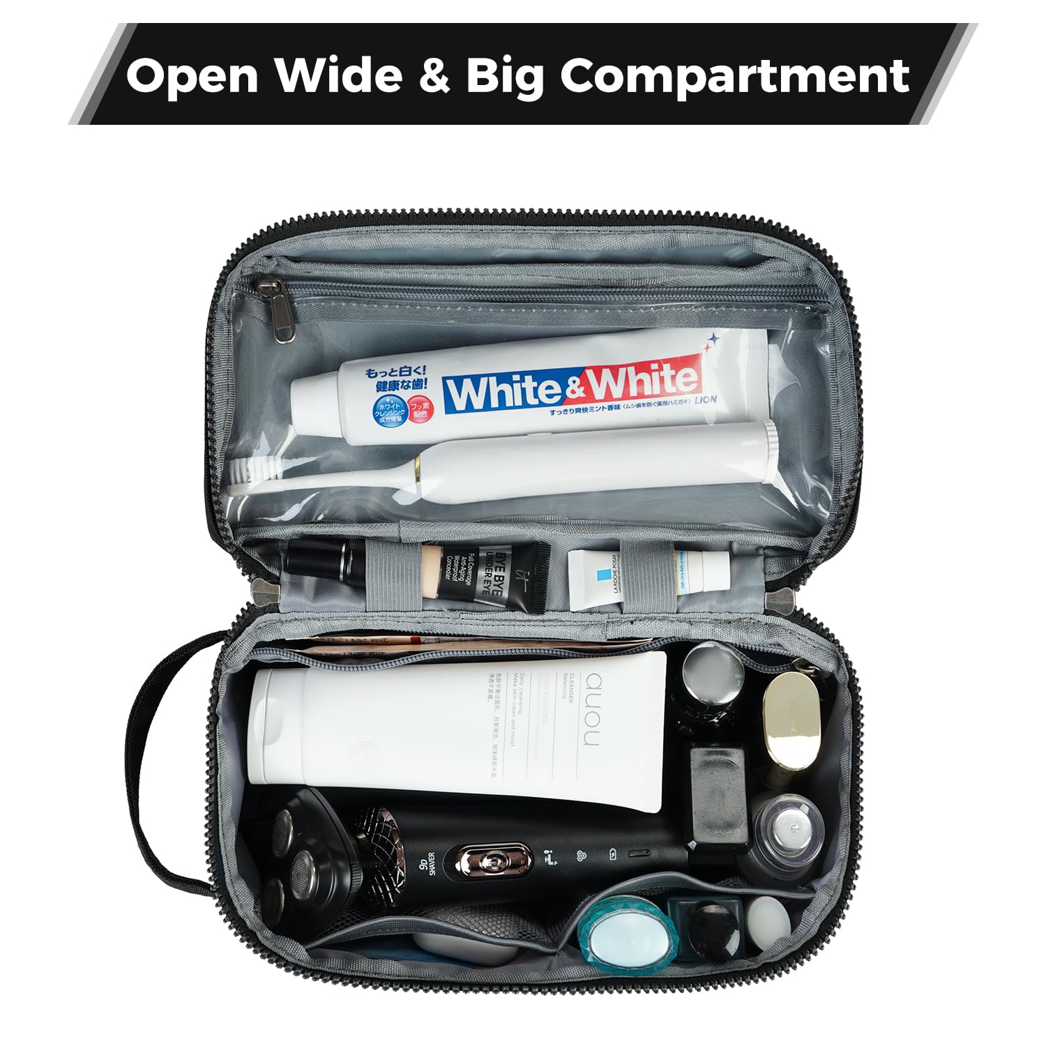 ECOHUB Toiletry Bag for Men Travel Dopp Kit Water Resistant Small Shaving Kit Wash Bag Toiletry Organizer for Traveling, Separate Dry Wet & Toothbrush Pocket, Wide Open (Black-2)