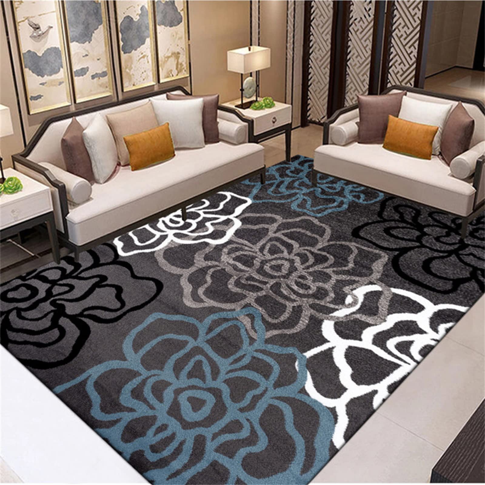 Tapis de salon moderne rectangulaire noir et bleu 80x150cm pour decoration de chambre