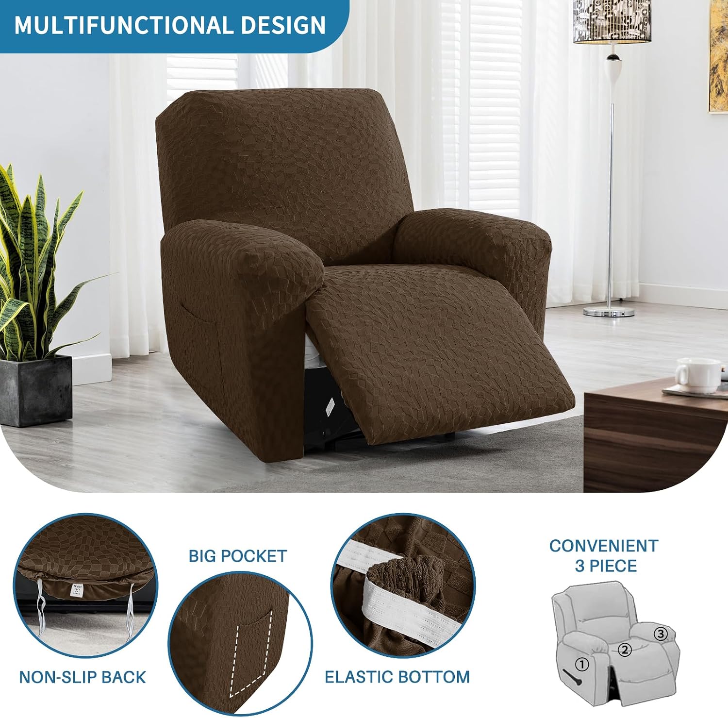 2026 Stretch Recliner Cover 3-Piece (24"-37") Super Soft Recliner Chair Covers with Big Pocket & Anti Slip Ties Stay in Place, Lazy Boy Reclining Slipcover Easy to Put on off Washable, Coffee