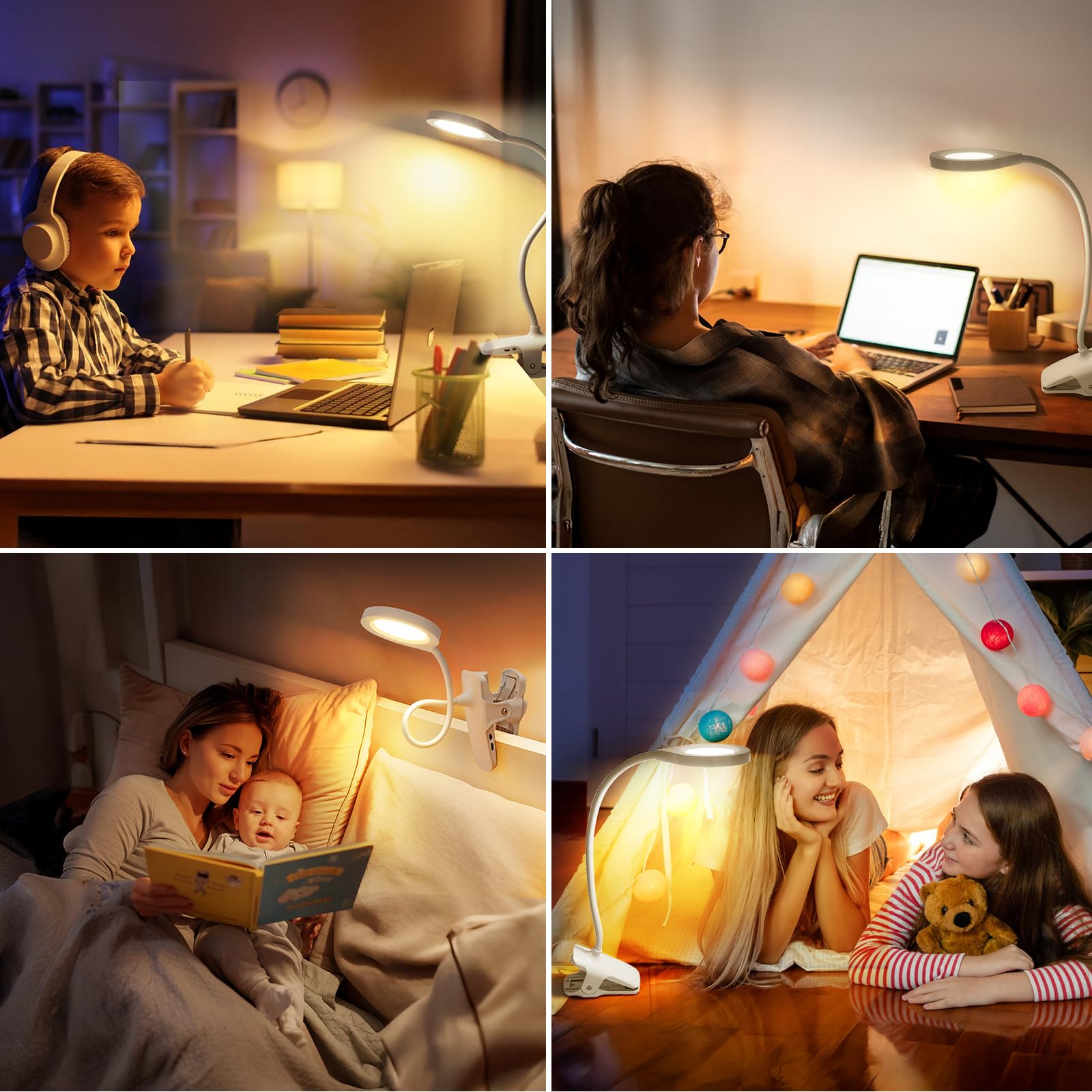 Akynite 36 LED Lampe de Lecture Rechargeable avec Pince, 5 Couleur et 5 Intensité, Lumière de Lit, Lampe Pince Tactile & Dimmable pour Enfants, Blanche
