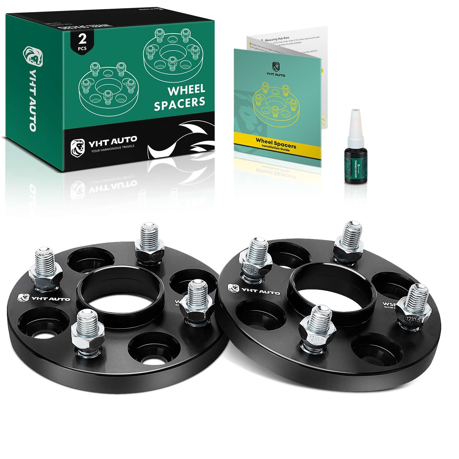 YHTAUTO 4x100mm Hub Centric Wheel Spacers 15mm Fits Kia, Ford, Mazda, Scion, Toyota, Fiat Models, Corolla, xB, Tire Spacers w/ M12x1.5 & 12.9 Grade Studs, 54.1mm Hub Bore 4 Lug 2PCS Black