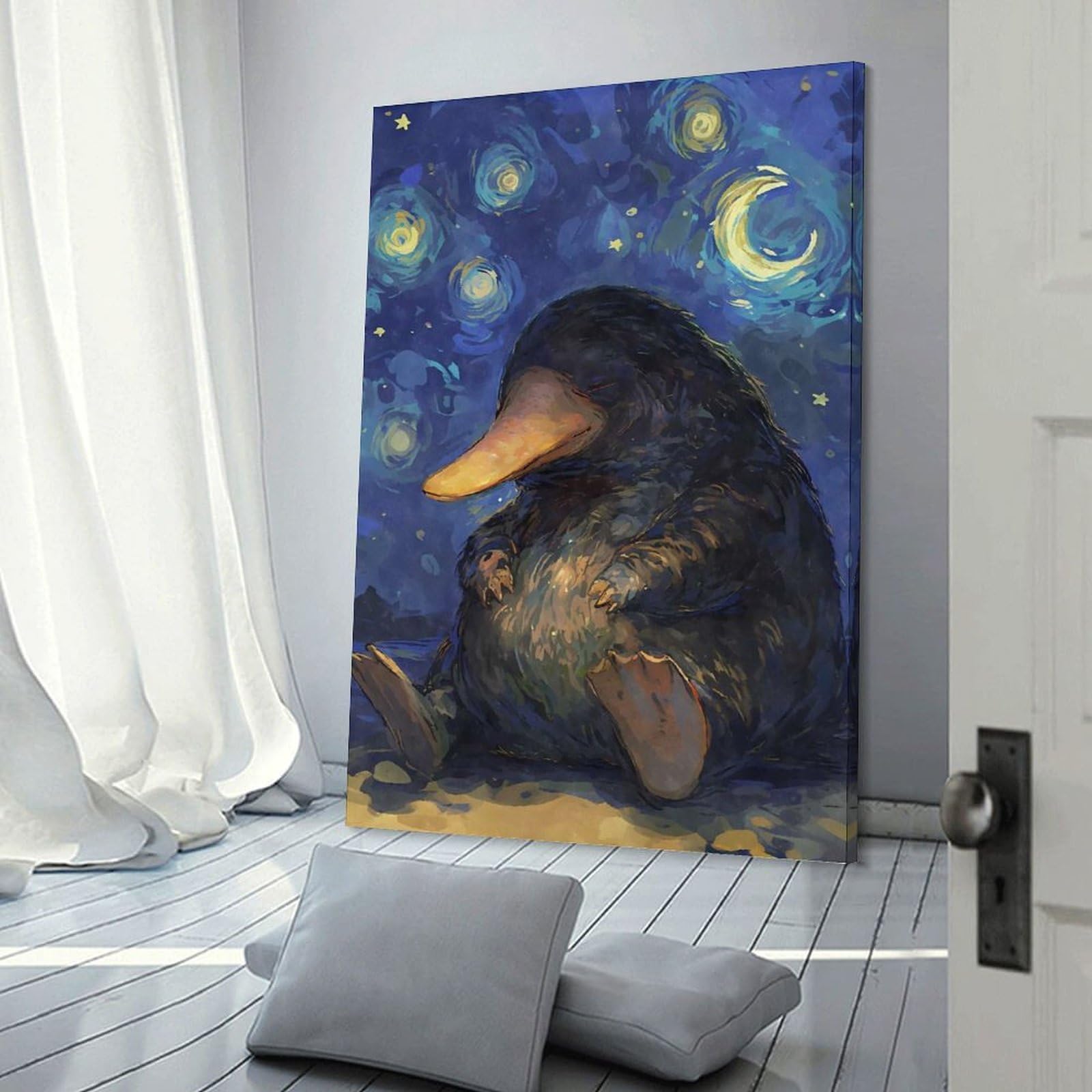 Junmoney Frame-Style-19 Platypus Starry Night Cute Wall Picture Print, 24X36inch(60X90cm), For New Homes, Bedrooms Or Workspaces, Thoughtful Wall Decor For Art Lovers
