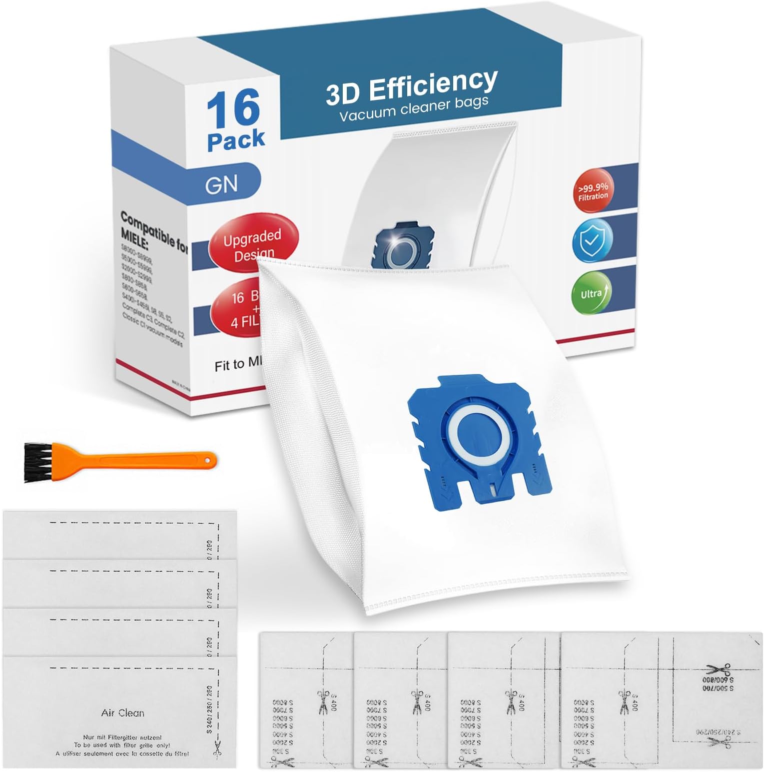 Upgraded 16 Pack 3D Airclean Dust Bags Replacement for Miele GN Vacuum Cleaner Bags for Miele Classic C1, Complete C1 C2 C3, S227, S240, S270, S280, S400, S2, S5, S8 Series Airclean Bags