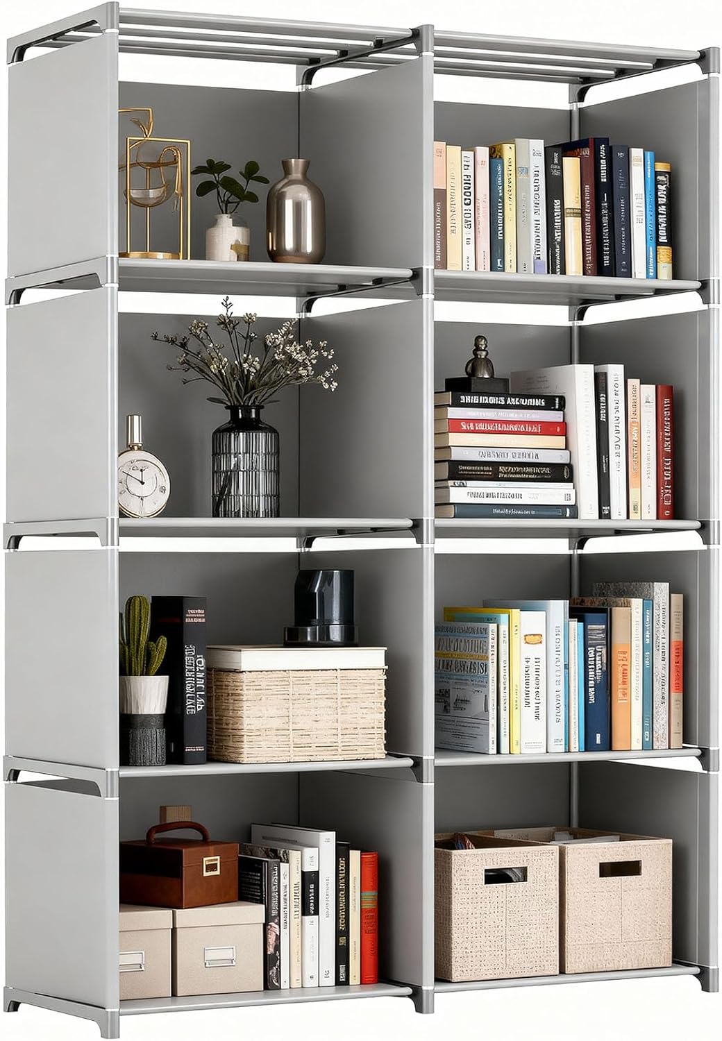 5 Tier Book Shelf, 8-Cube Storage Shelves, Tool-Free Assembly Kids Bookshelf, Bookcase Cube Storage Organizer for Kids Room, Living Room, Office, Bedroom, Study Room, (Grey, 5 Tier - 8 Cubes)