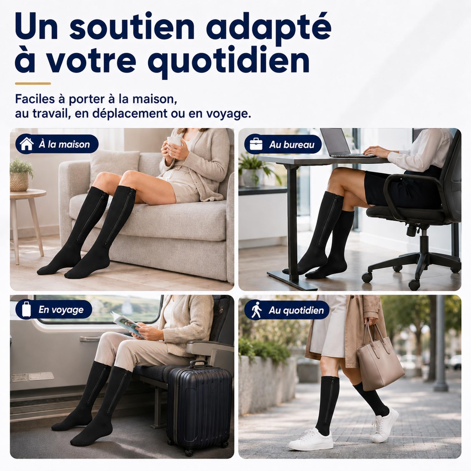 Bas De Contention Zippés - Assiva, Chaussettes De Compression Graduée 15-20 Mmhg, Fermeture Éclair Facile À Enfiler, Confort Toute La Journée, Anti-Fatigue Jambes