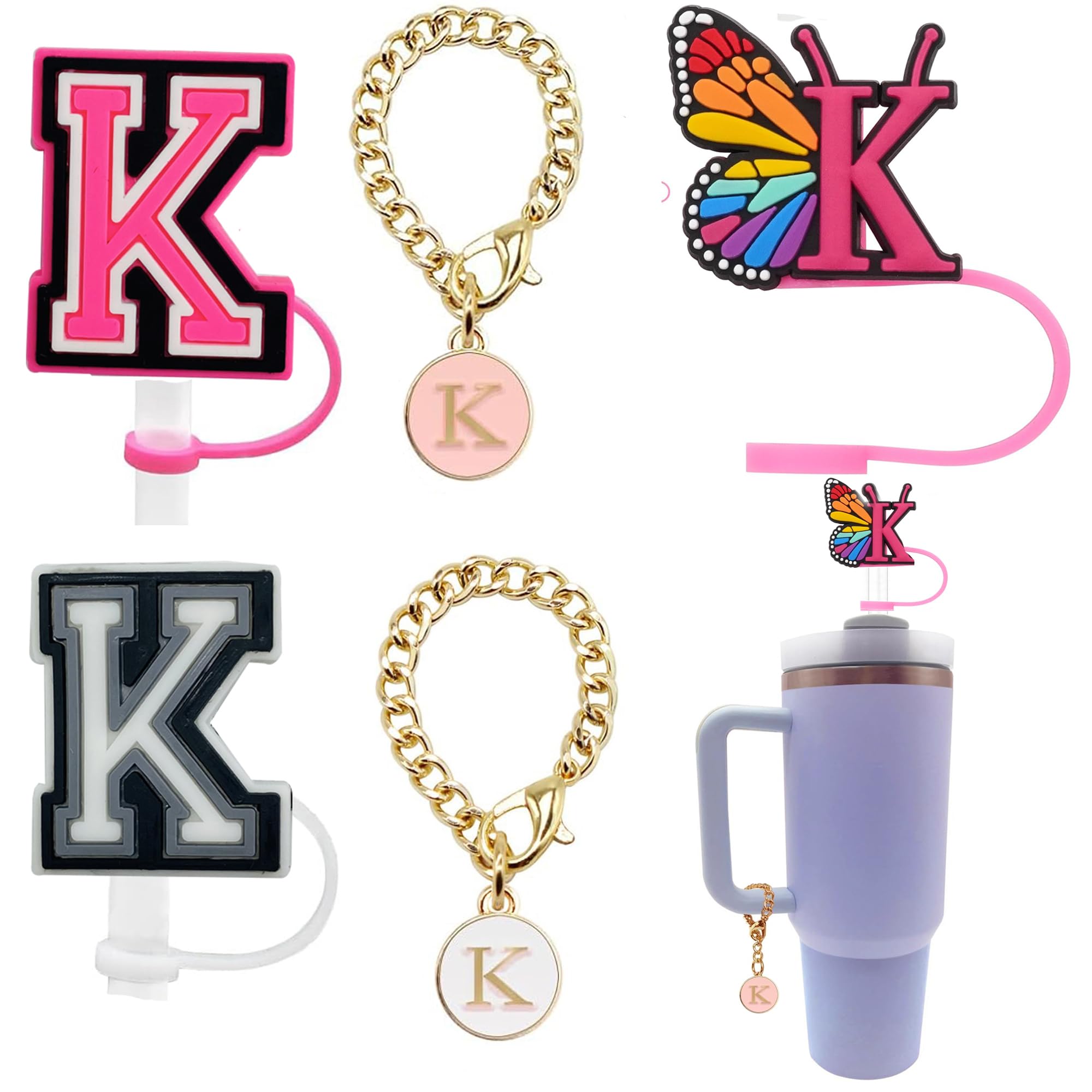 ?3+2) 3PCS Straw Cover Cap for Stanley Cup 30&40 Oz 10mm Reusable Straw Topper with 2PCS Stanley Cup Accessories Initial Personalized Letter Charms Name ID Charm For Stanley Tumbler (K)