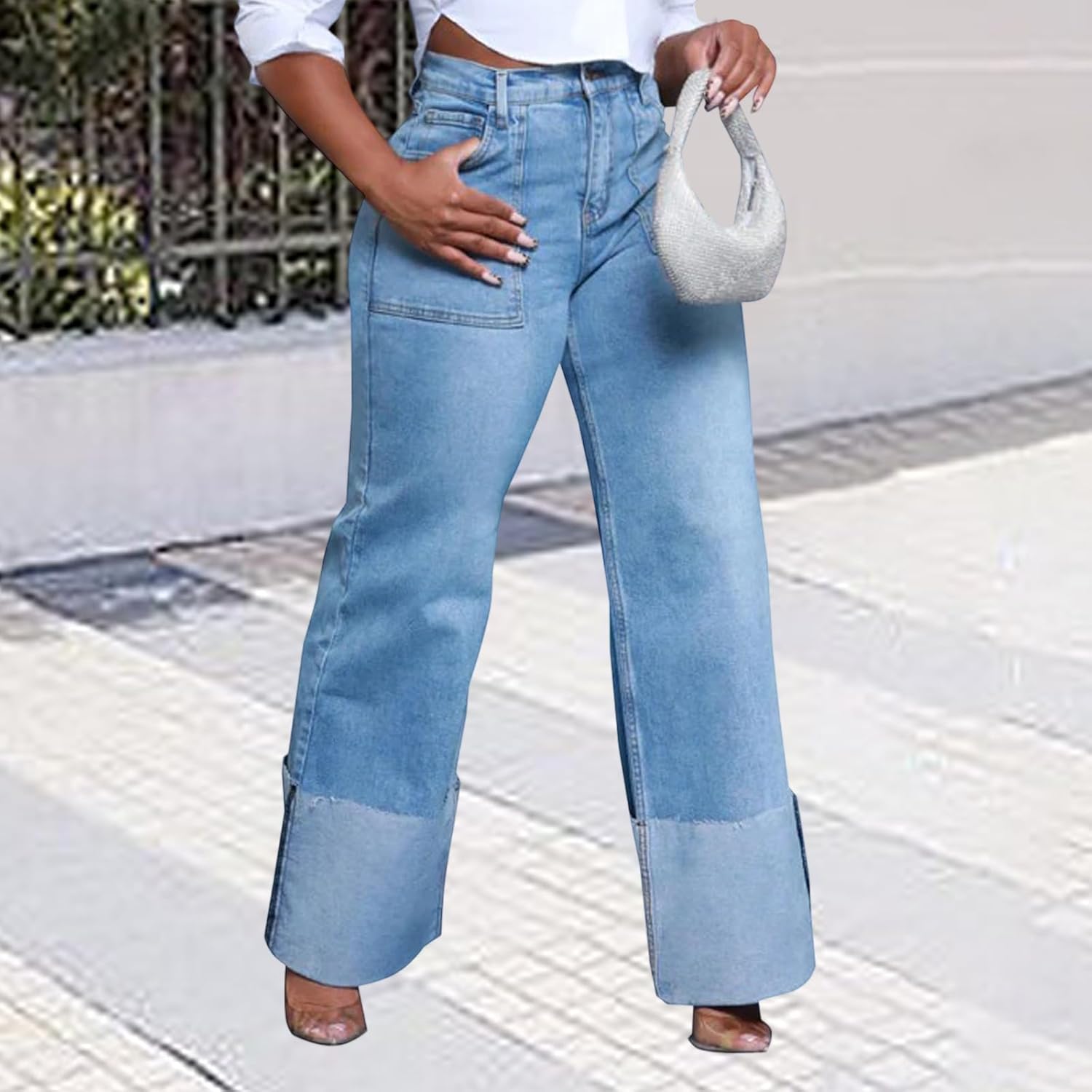 Women's Wide Leg Straight Jeans High Waisted Baggy Stretch Loose Denim Pants - Image 5