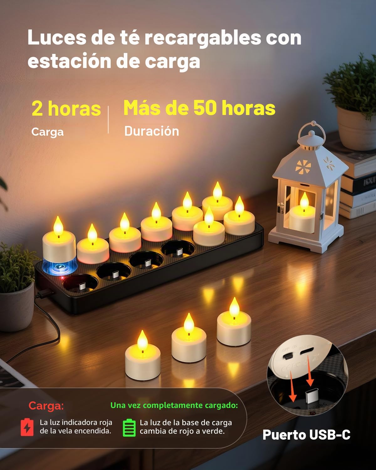 SoulBay Velas de té LED recargables con estación de carga de temporizador, 12 velas LED recargables con mando a distancia, temporizador para fiestas, habitaciones, salones, Halloween, Navidad