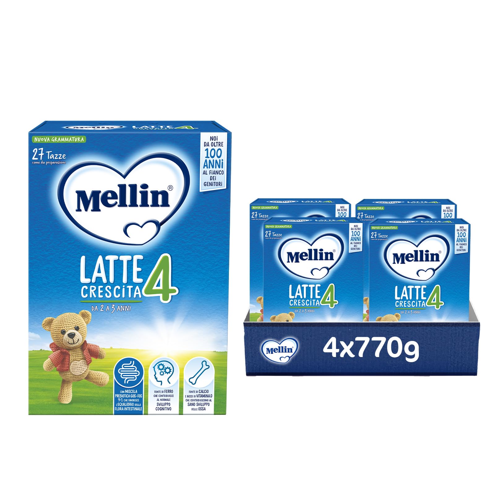 MELLIN 4 - Latte di Crescita in Polvere per Bambini - dal 2° al 3° anno - Confezione da 3080 grammi (4 pezzi da 770g)