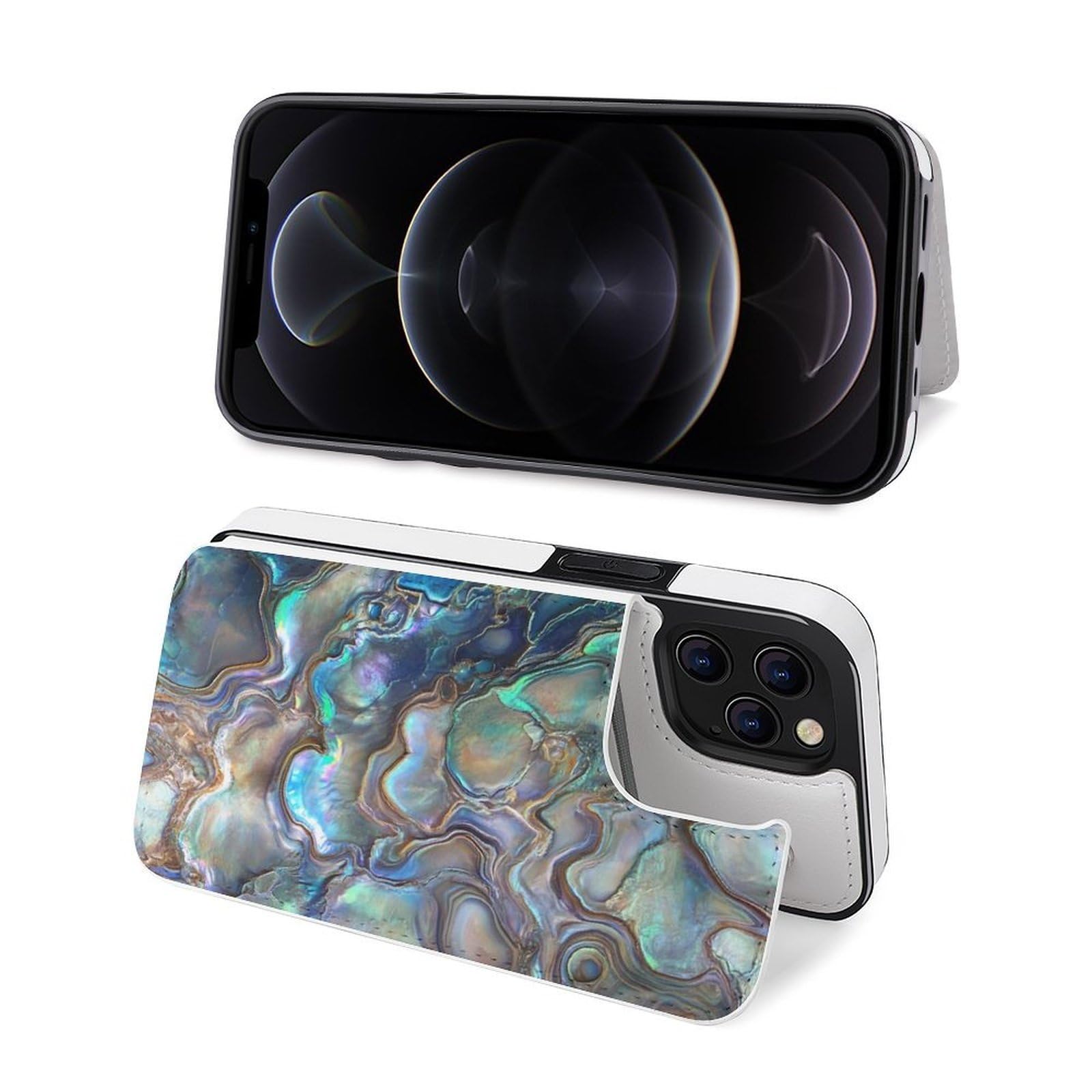 Fundas tipo cartera para iPhone 12 Pro, con estampado de abulón nácar, de piel, con ranuras para tarjetas
