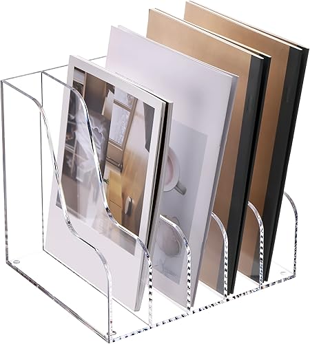 Miniatura 10 de SANRUI Organizador de escritorio de acrílico transparente, soporte para archivos de revistas con 3 secciones verticales, estante para revistas,