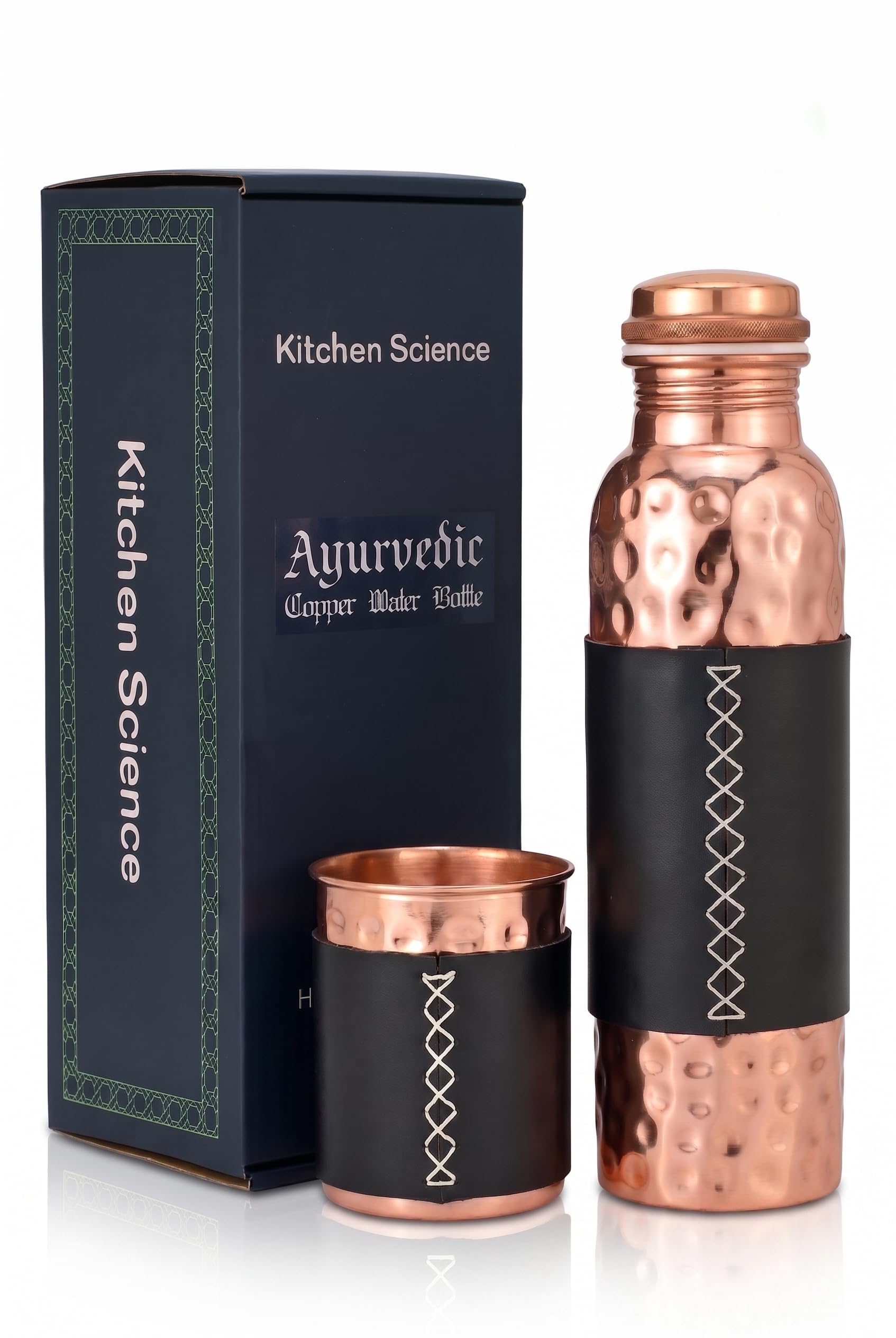 Kitchen Science Copper Water Bottle (34oz/1000ml) w/Copper Tumbler and Leather Sleeves | Pure Copper Bottle for Drinking Water | Lab-Tested, Leak-Proof | Authentic Ayurvedic Copper Bottle