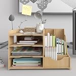 PUNCIA 4 Tier Wooden Desktop Organizer Letter A4 File Rack Mail Sorter | Tabletop Storage Box with Vertical & Horizontal File Holder for Office Supplies Binders Folders Trays