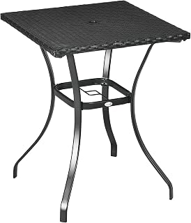Outsunny Patio Wicker Dining Table with Umbrella Hole, Outdoor PE Rattan Coffee Table with Plastic Board Under The Full Woven Table Top for Patio, Garden, Balcony, Black