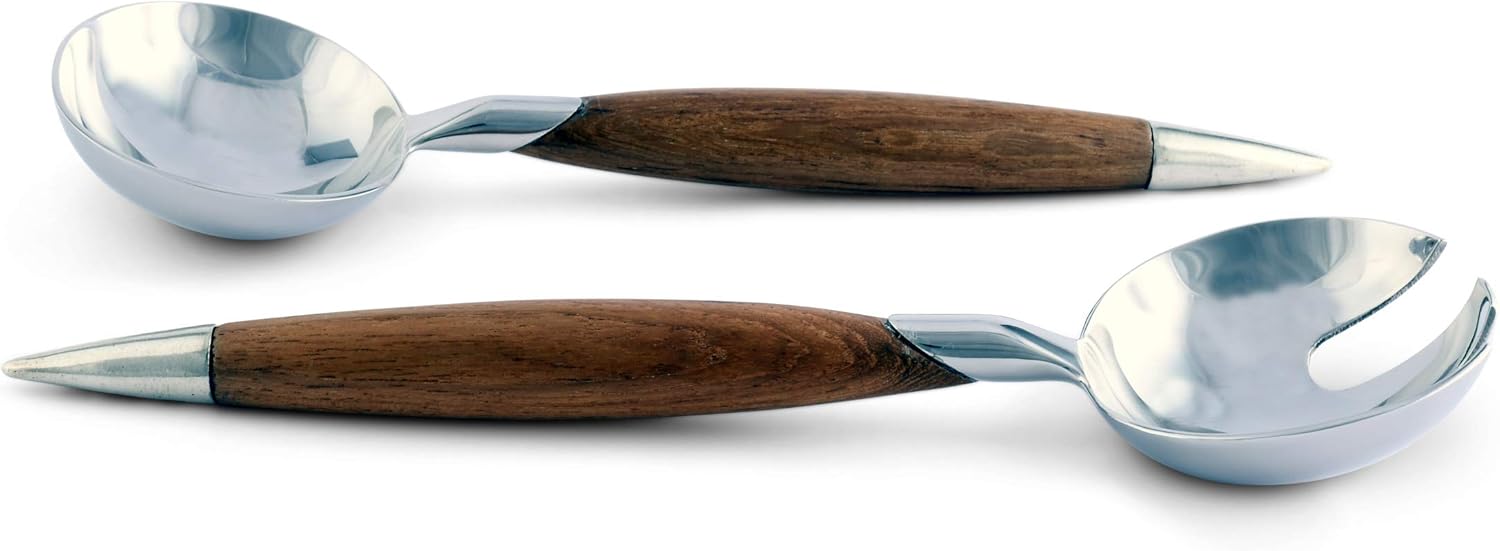 Vagabond House Tribeca Collection Pewter and Teak Salad Server Set Long Mid Century Modern 11 inch Long
