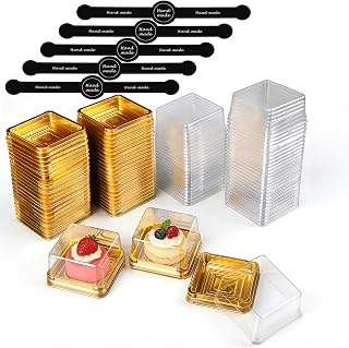 50 Set 3X3X1.6 Inch Mini Cake Containers with Clear Lids Gold Base