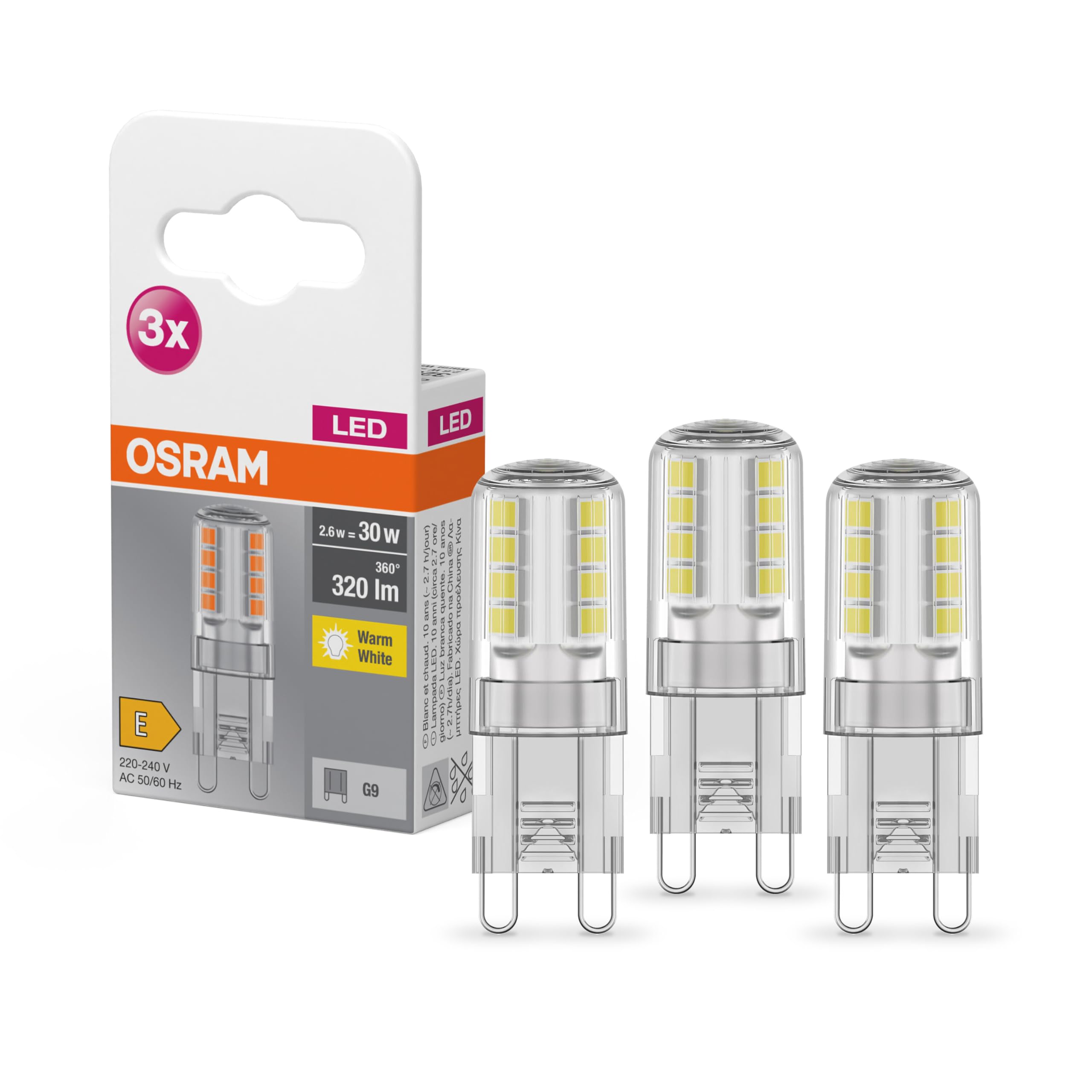 Osram BASE LED Lampe PIN, Pinlampe mit G9 Sockel, 2,60 W, Ersatz für 30W-Glühbirne, Warmweiß (2700K), 3er-Pack