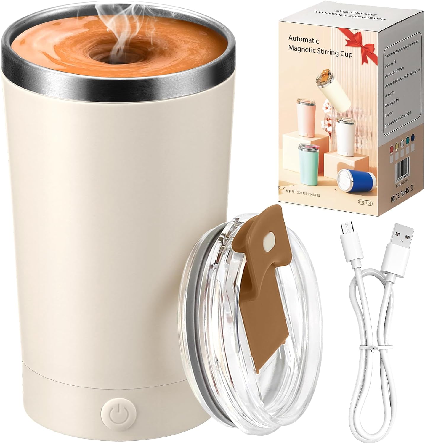 hatisan Self Stirring Coffee Mug With Lid Electric High Speed Self Stirring Mug 400ml Rechargeable Detachable Stainless Steel Self Stirring Cup for Coffee, Milk, Cocoa Christmas Gift(Beige)