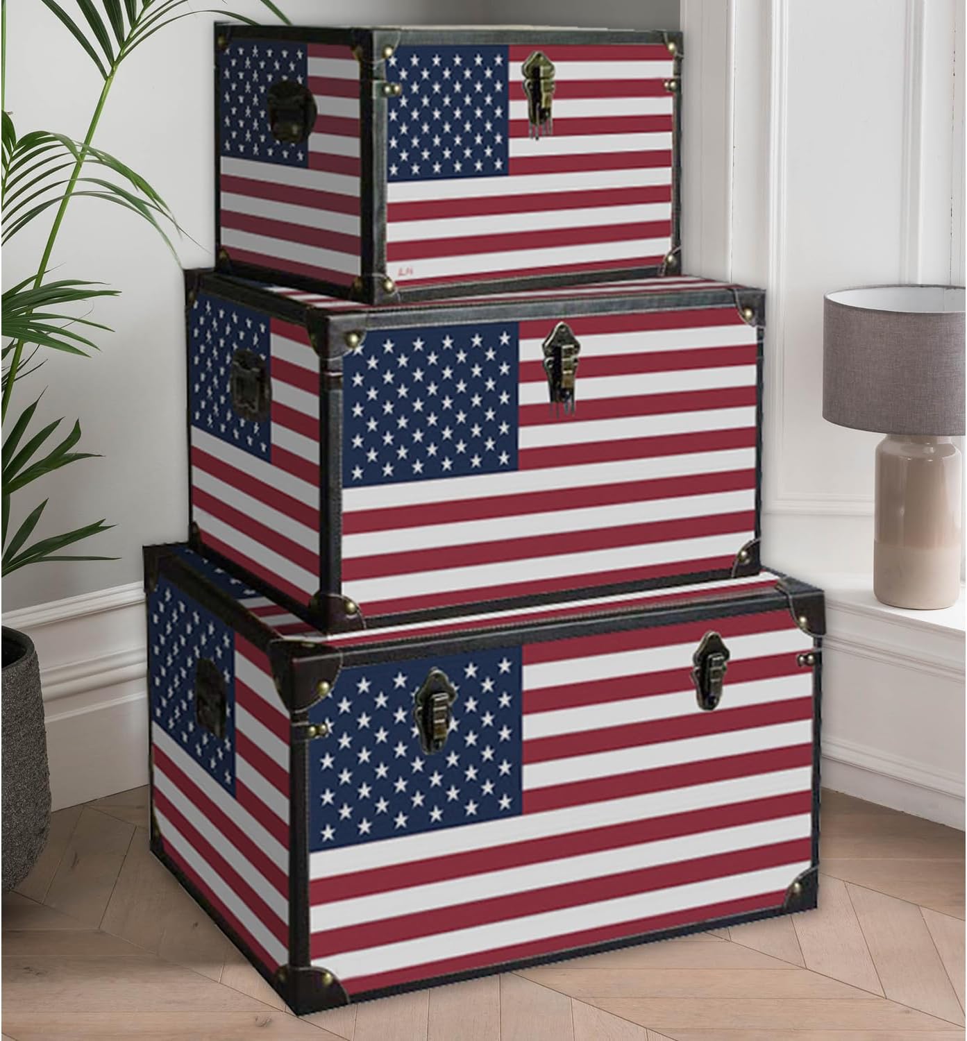 Canvas Storage Trunk Decorative Wood Chest for Home Organization