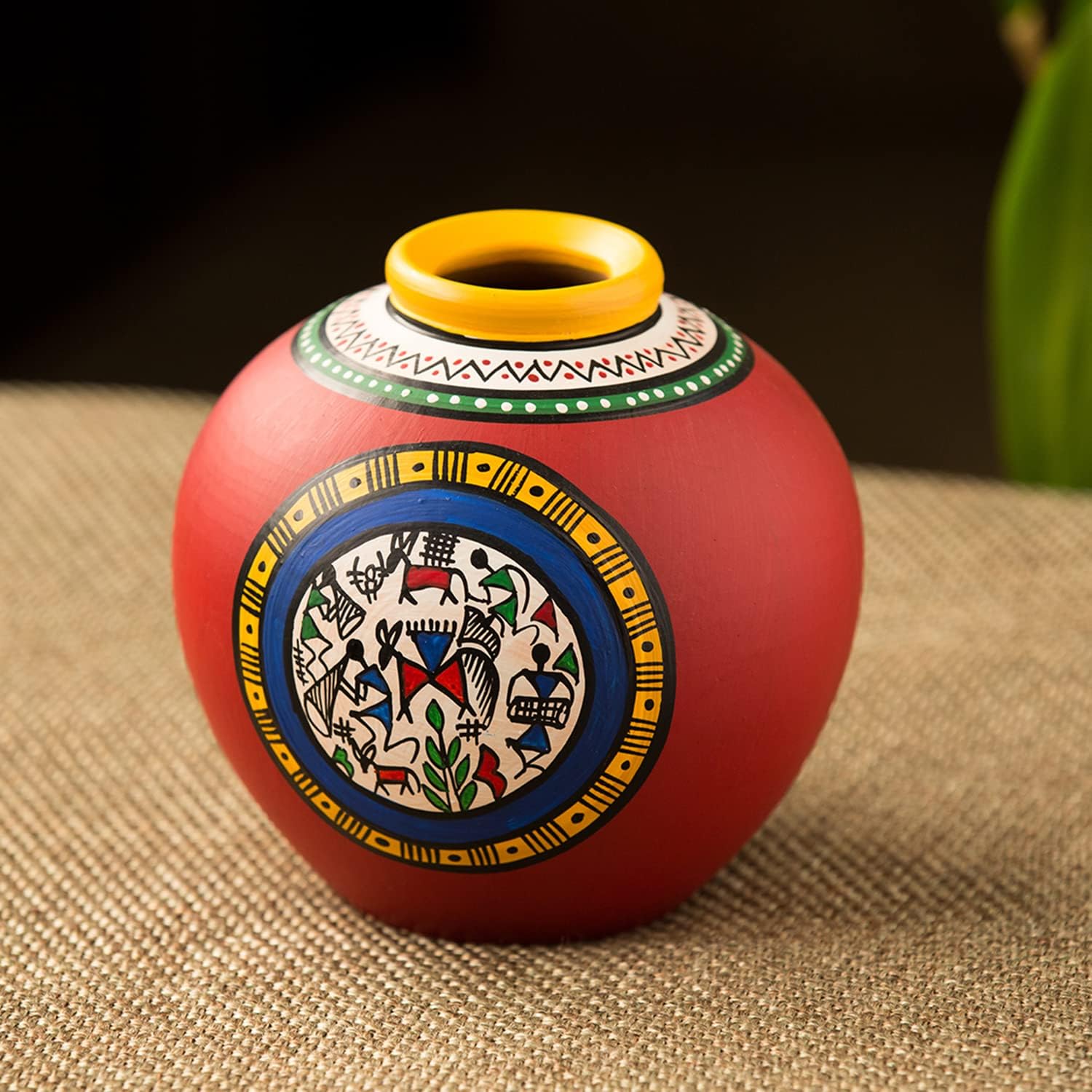 ExclusiveLane 'Warli' Terracotta Vase | Matki Shaped Handpainted Vase for Living Room | Unique Vase | Flower Vase Center Pieces | Home Decorative Accents | Ideal Gift for Occasions | 6 inch - Red