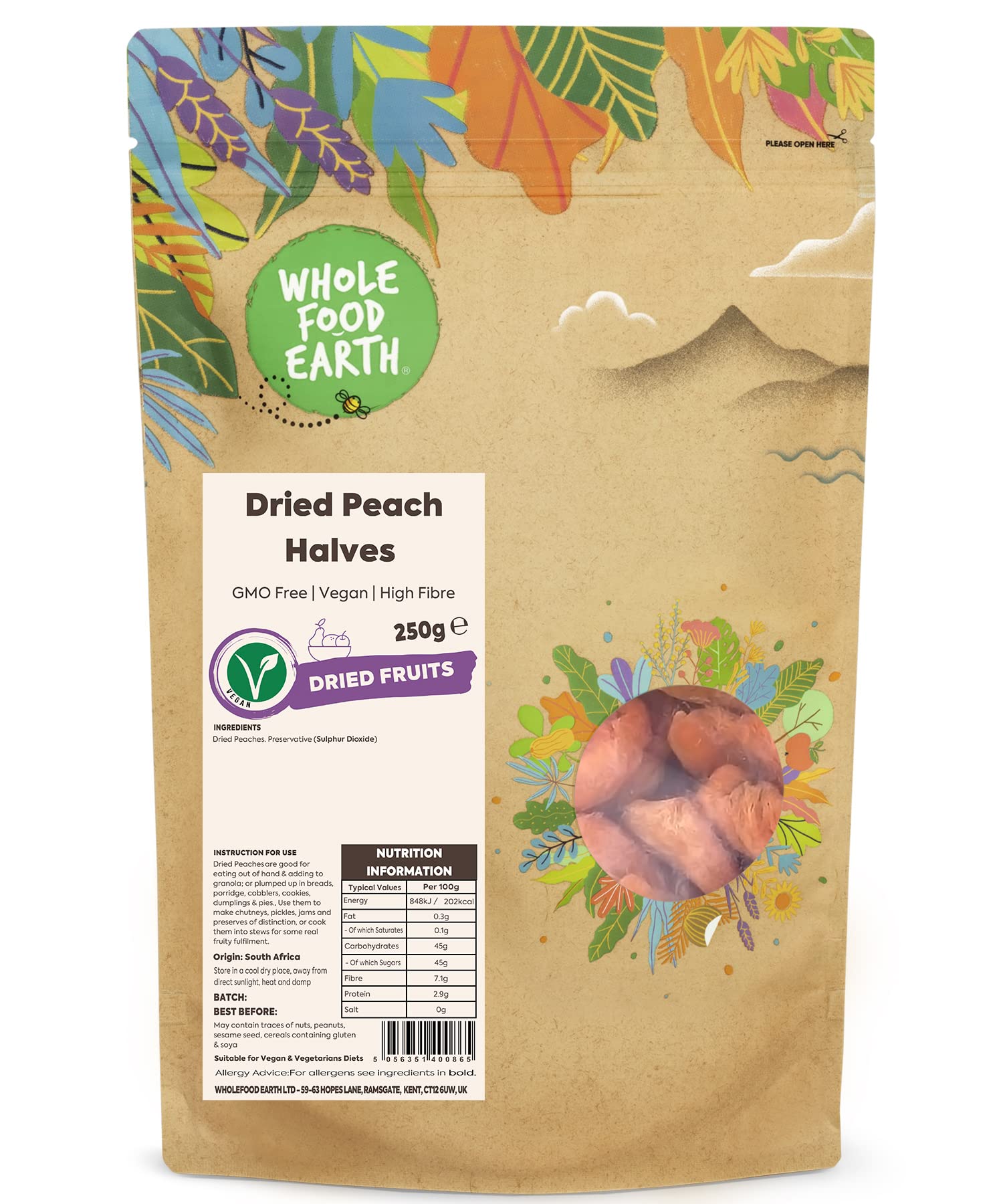 Wholefood Earth Dried Peach Halves 250 g | GMO Free | High Fibre
