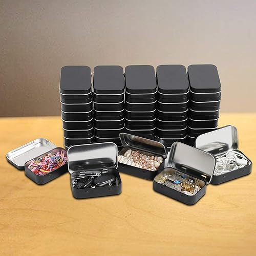 Miniatura 6 de Latas rectangulares de metal con bisagras, paquete de 40 mini recipientes portátiles de color negro mate, pequeñas latas de almacenamiento vacías