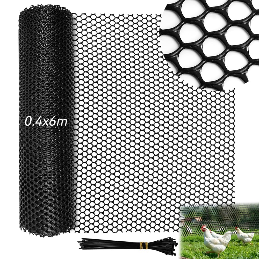 Clôture en Maille Plastique Noir, 6 m x 40 cm Grillage Plastique Petite Maille Filet de Clôture en Hexagonal Protection Balcon Chat avec 60 Serre-Câbles pour Poulailler, Chat, Balcon