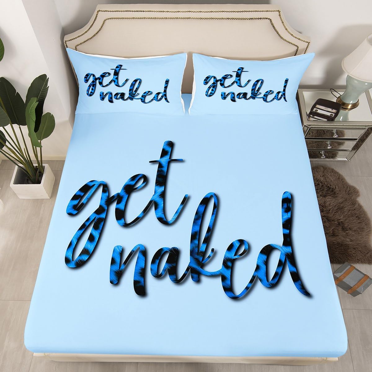 jejeloiu Blue Leopard Fitted Sheet Get Naked Bed Sheets Set for Kids Boys Girls Teens Room Decor Modern Urban Cheetah Simple Bedding Set Full Size 4Pcs Breathable Soft Lightweight Microfiber