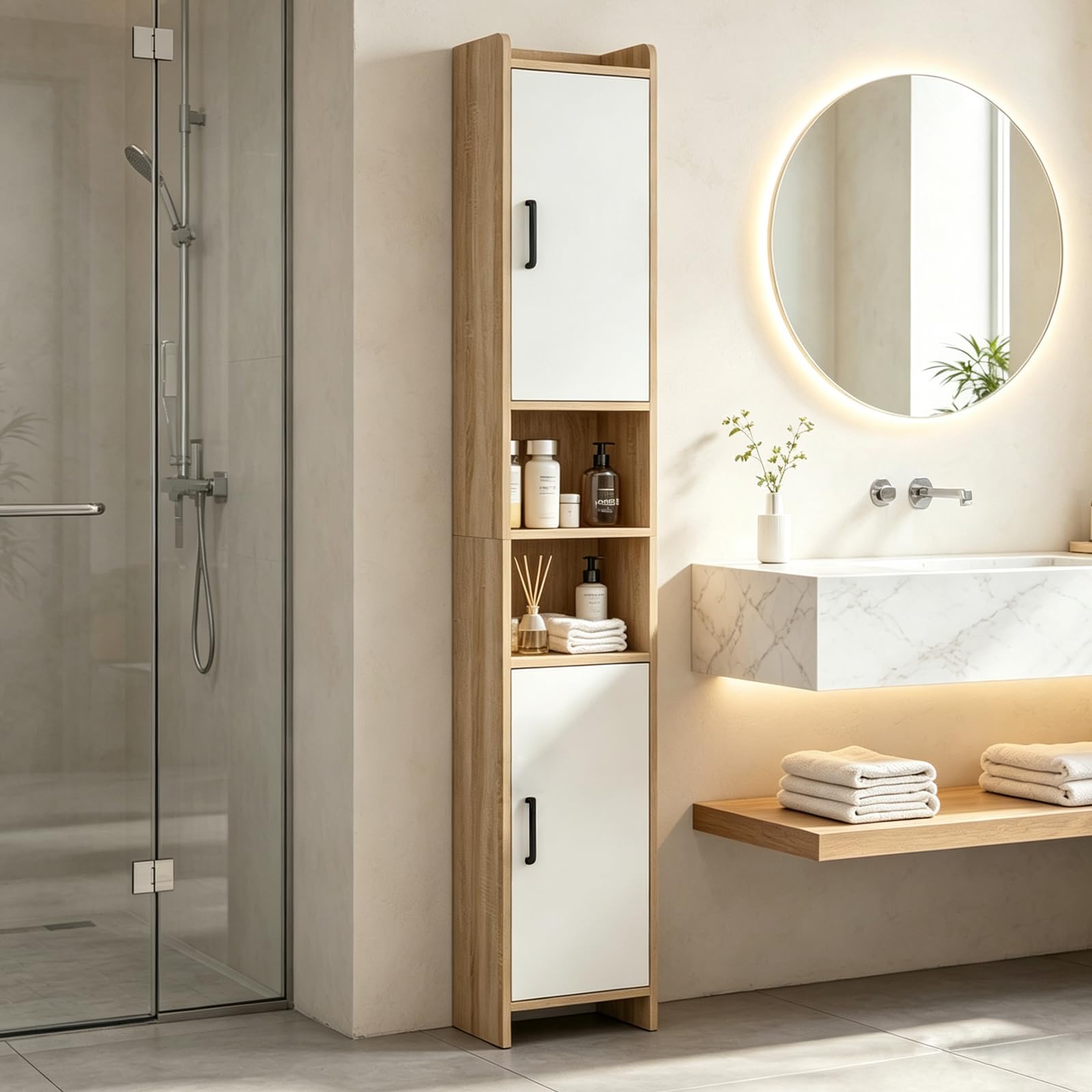 Narrow Bathroom Tall Storage Cabinet with 2 Doors, 170cmH (White-Walnut)