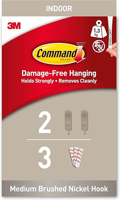 Command Decorative Hook, Brushed Nickel, Indoor use - 2 Metal Medium Hooks and 3 Adhesive Strips - Hang Jackets, Purses, Handbags, Backpacks, Hats, Scarves, Dog leads - Organise Damage Free