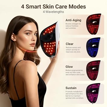 LED Face Mask Light Therapy, Red Light Therapy for Face, 4 Modes with Red, Blue, Near-infrared and Dual Red & Blue Lights for Anti-Aging, Reduce Acne and Blemish Repair, 256 LEDs, Rechargeable Remote