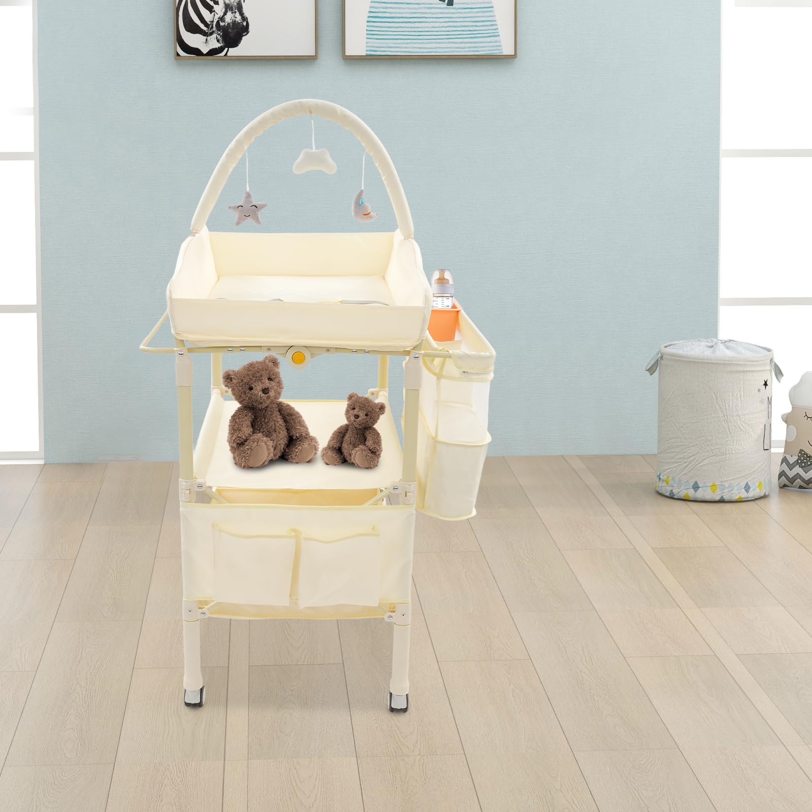 Cambiador de bebé beige con 2 cestas, altura ajustable 86-94 cm, capacidad de carga de 65 kg, 4 ruedas y cinturón de seguridad para dormitorio y habitación de bebé