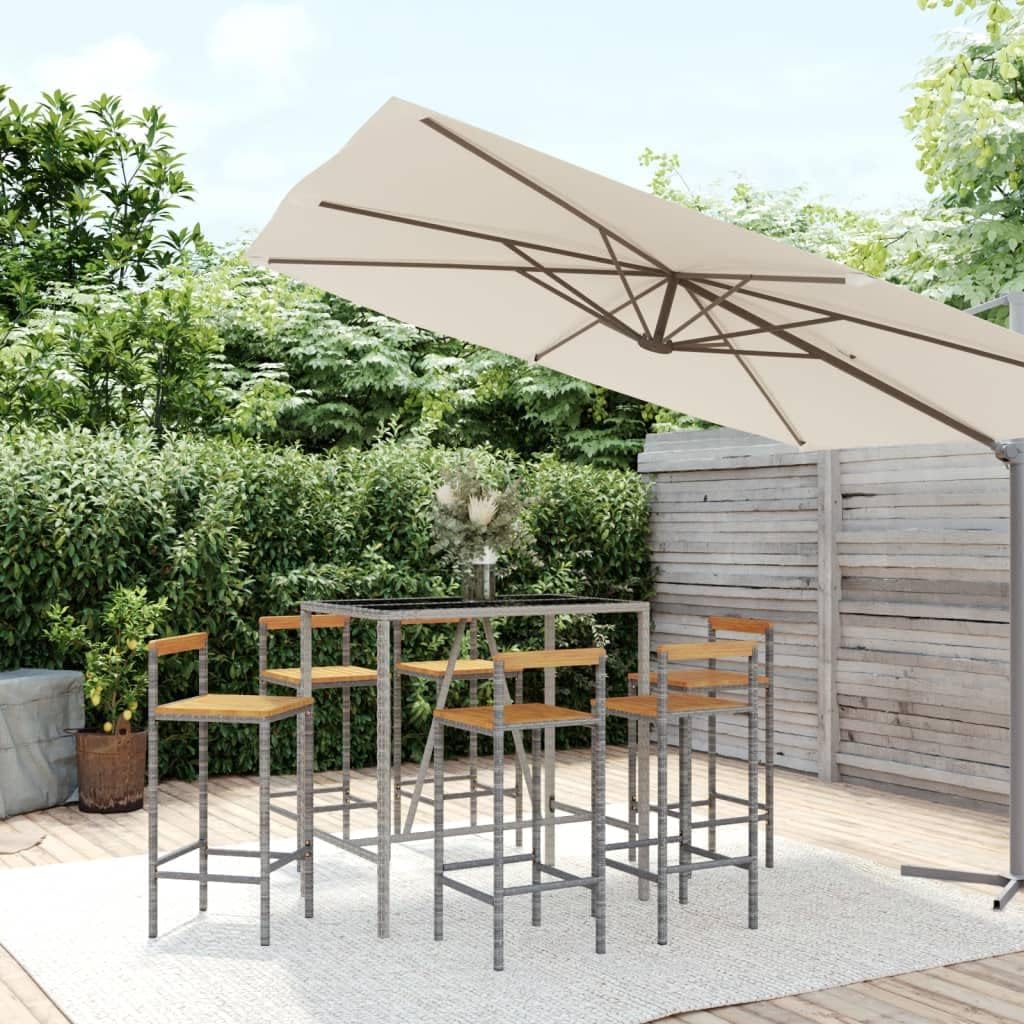 7 Piece Grey Poly Rattan and Solid Wood Acacia Garden Bar Set with Tempered Glass Tabletop and Powder-Coated Steel Frame for Outdoor Patio
