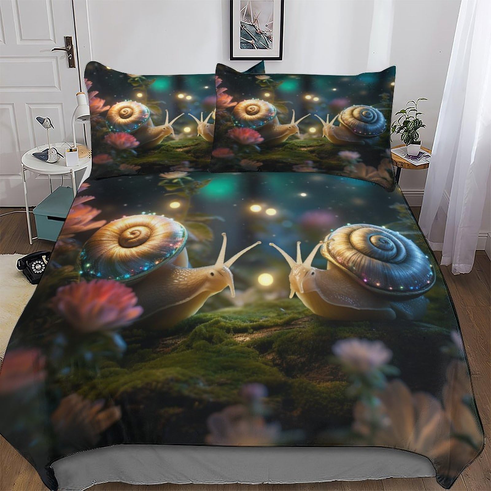 Parure de lit escargots avec housse de couette 220x240 cm et taies d'oreiller en microfibre pour lit king