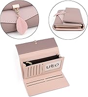 Vista 119 de UTO - Cartera pequeña RFID de piel sintética con dije de hoja, cierre de cremallera y tarjetero.