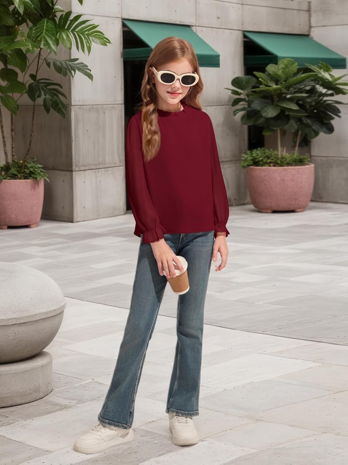 Haloumoning Girls Long Sleeve Shirts Chiffon Blouses Kids Cute Puff Sleeve Ruffle Mock Neck Casual Tops 5-14 Years - Image 5
