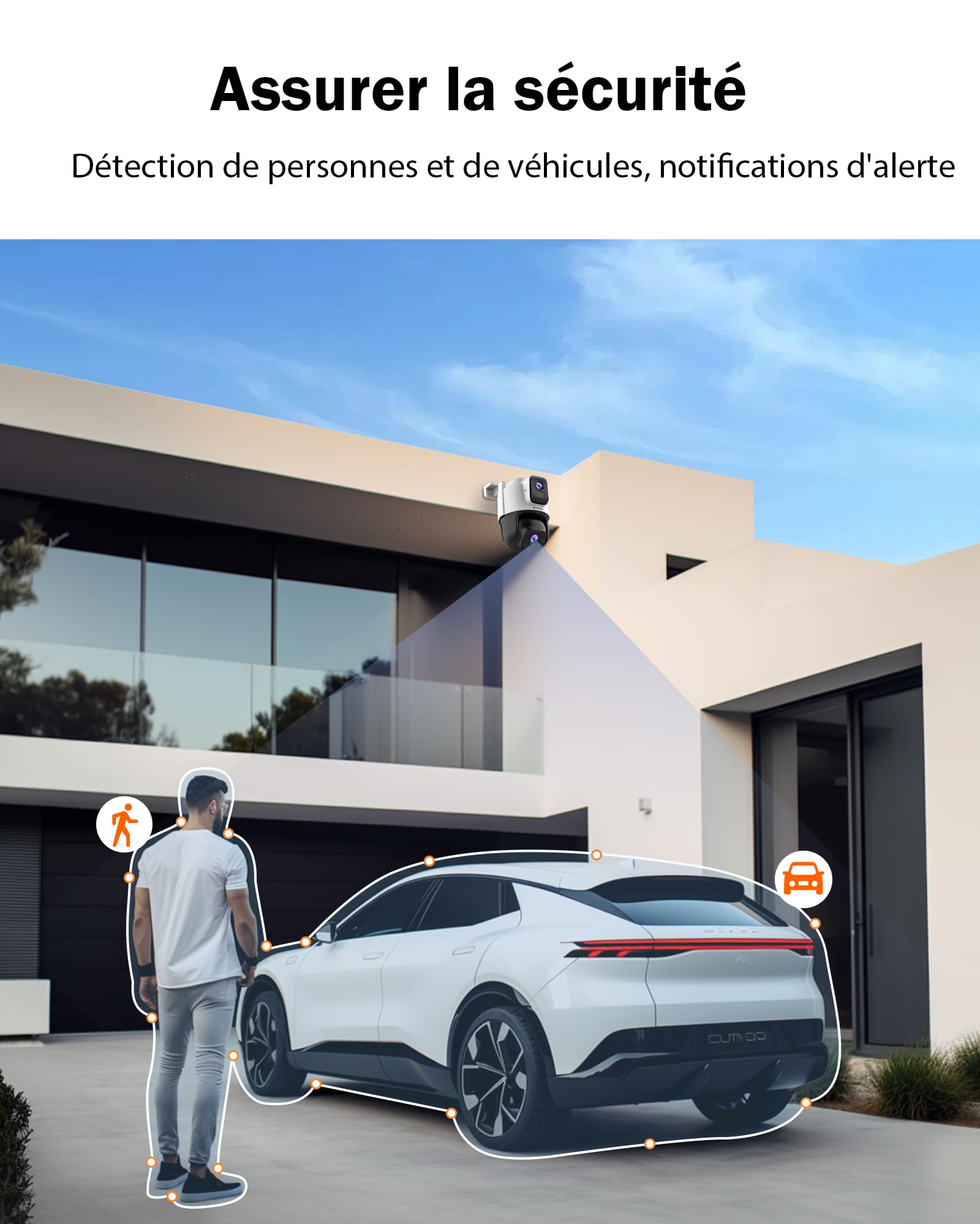 Tenda Caméra Extérieure WiFi 3MP+3MP, Double Objectif, 360° PTZ, Audio Bidirectionnel, Couleur Vision Nocturne 30m, Détection Personnes/Véhicules, Suivi Auto, Alertes Vocales Personnalisées, CH9