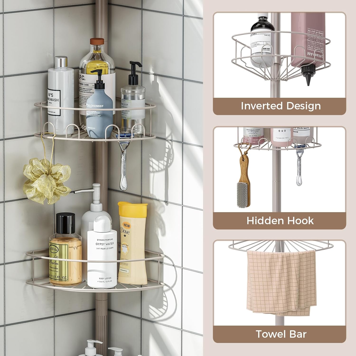 Urackify Corner Shower Caddy Tension Pole, 4 Tier Adjustable Bathroom Organizer Shelves, Shower Storage With Hidden Hook & Towel Holder,63.7-119 Inch No-Drill Quick Installation Shower Rack,Sliver