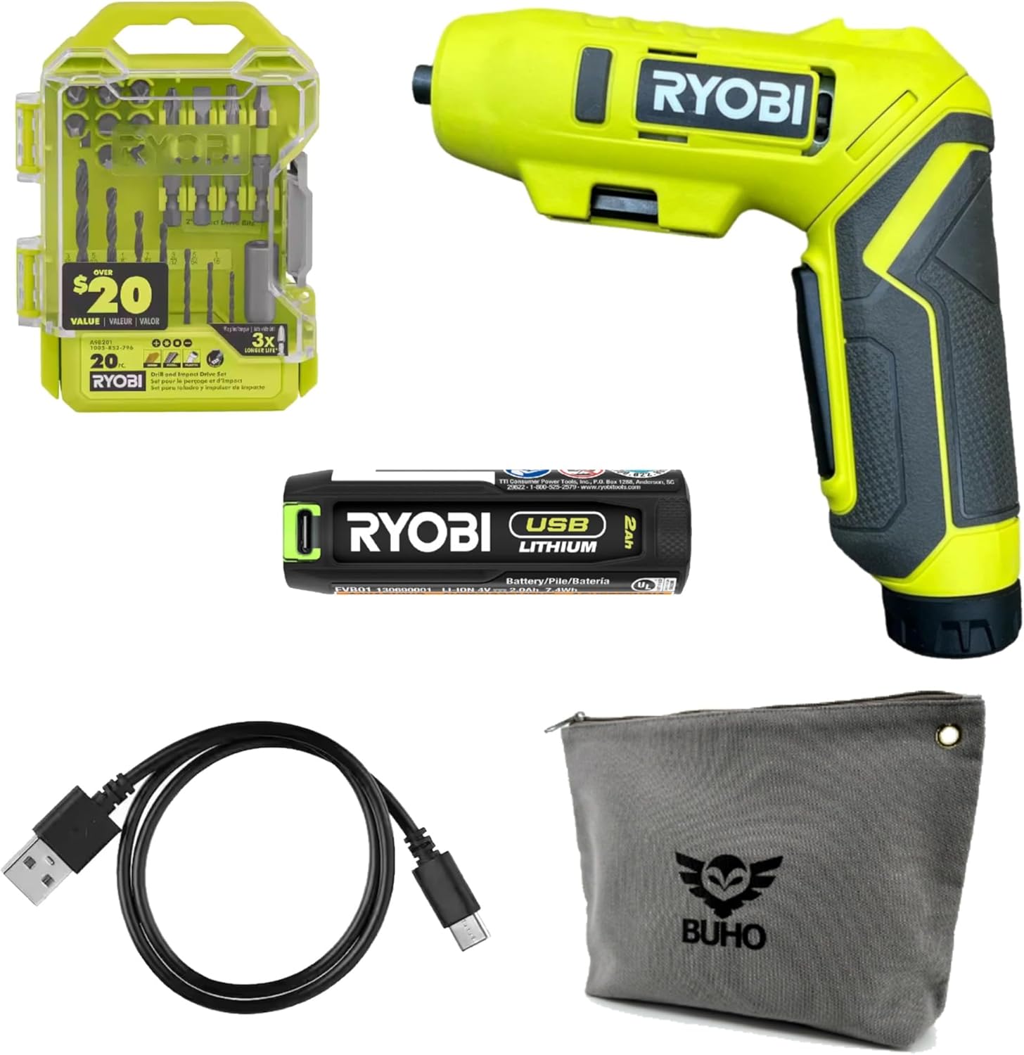 Ryobi Screwdriver with 2.0 Ah USB Lithium Battery, Charging Cable, Drive Kit, and Buho Zipper Pouch